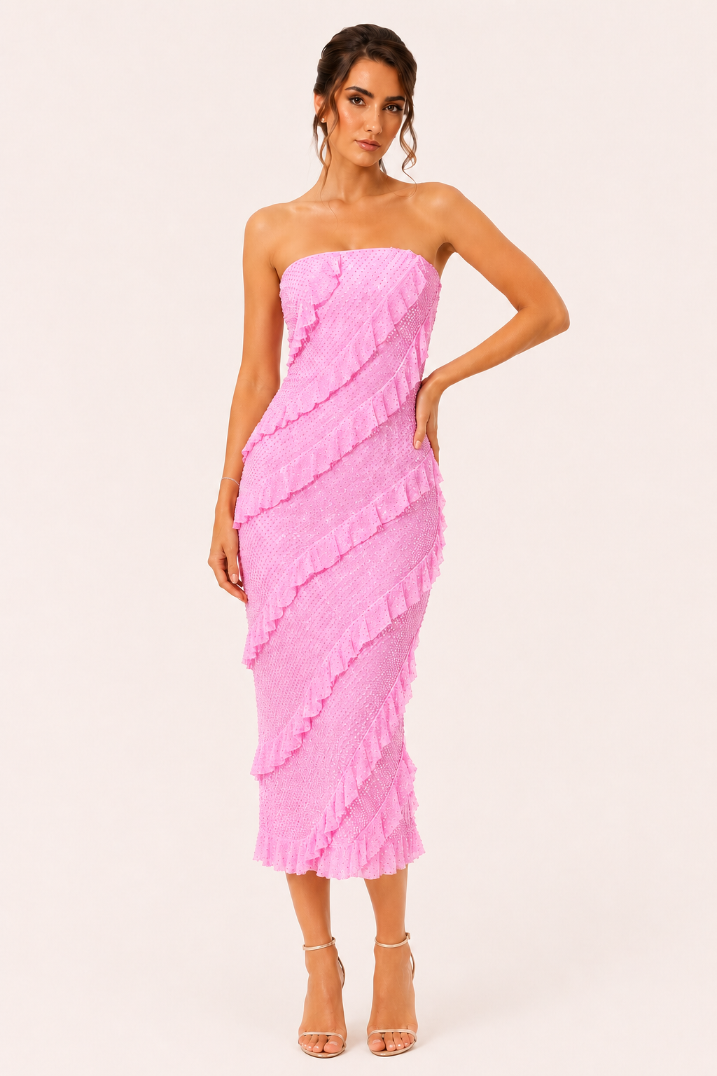 Robe midi sans bretelles à volants pour femme - Yina