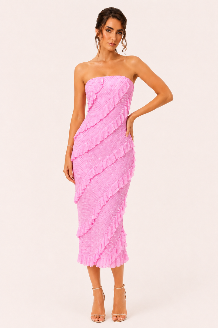 Robe midi sans bretelles à volants pour femme - Yina