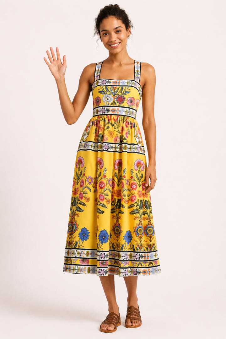 Robe midi fleurie taille haute pour femme - Nele