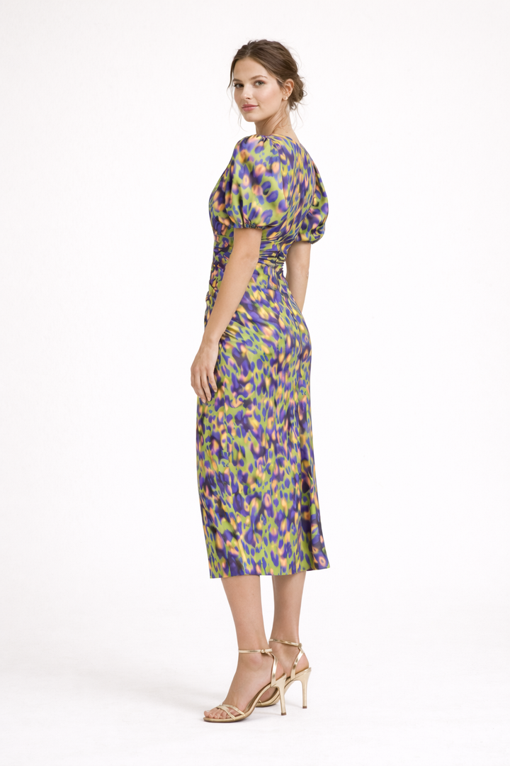 Robe midi imprimée à manches bouffantes et décolleté en V - Sarah