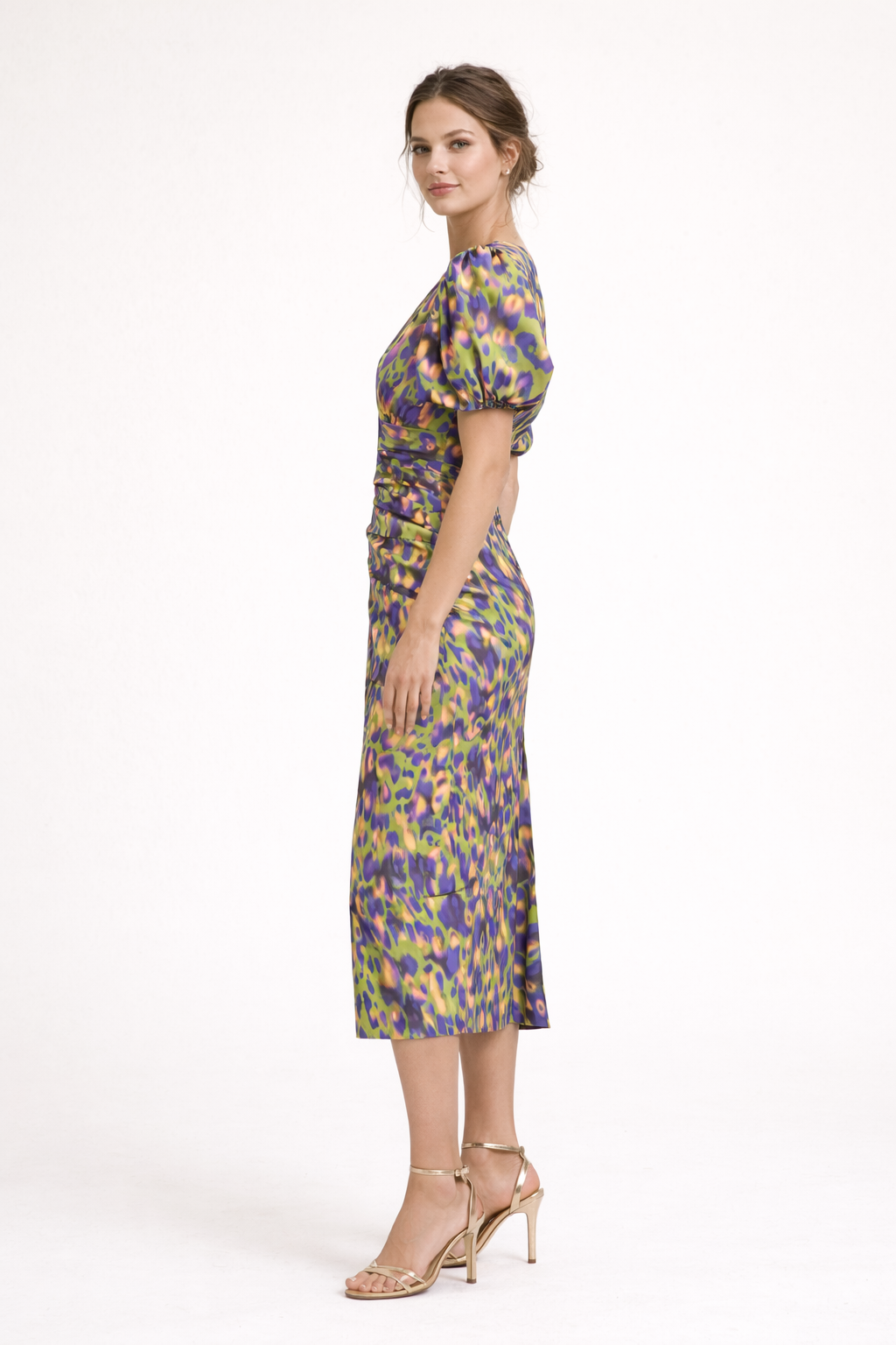 Robe midi imprimée à manches bouffantes et décolleté en V - Sarah