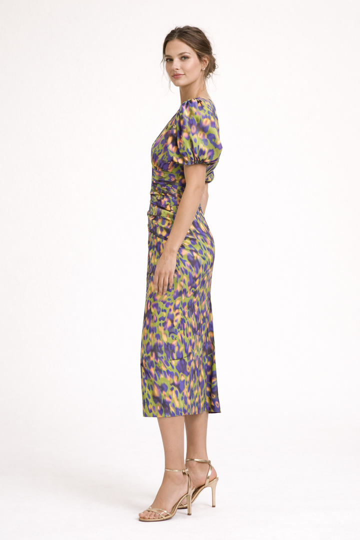 Robe midi imprimée à manches bouffantes et décolleté en V - Sarah
