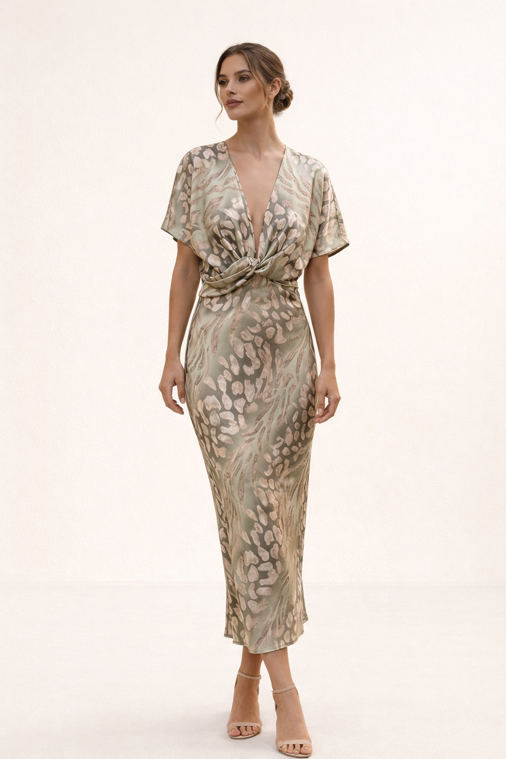 Robe midi imprimée décolleté en V nœud devant manches courtes été - Jennifer