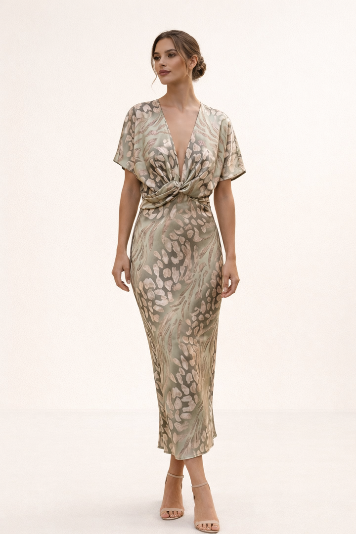 Robe midi imprimée décolleté en V nœud devant manches courtes été - Jennifer