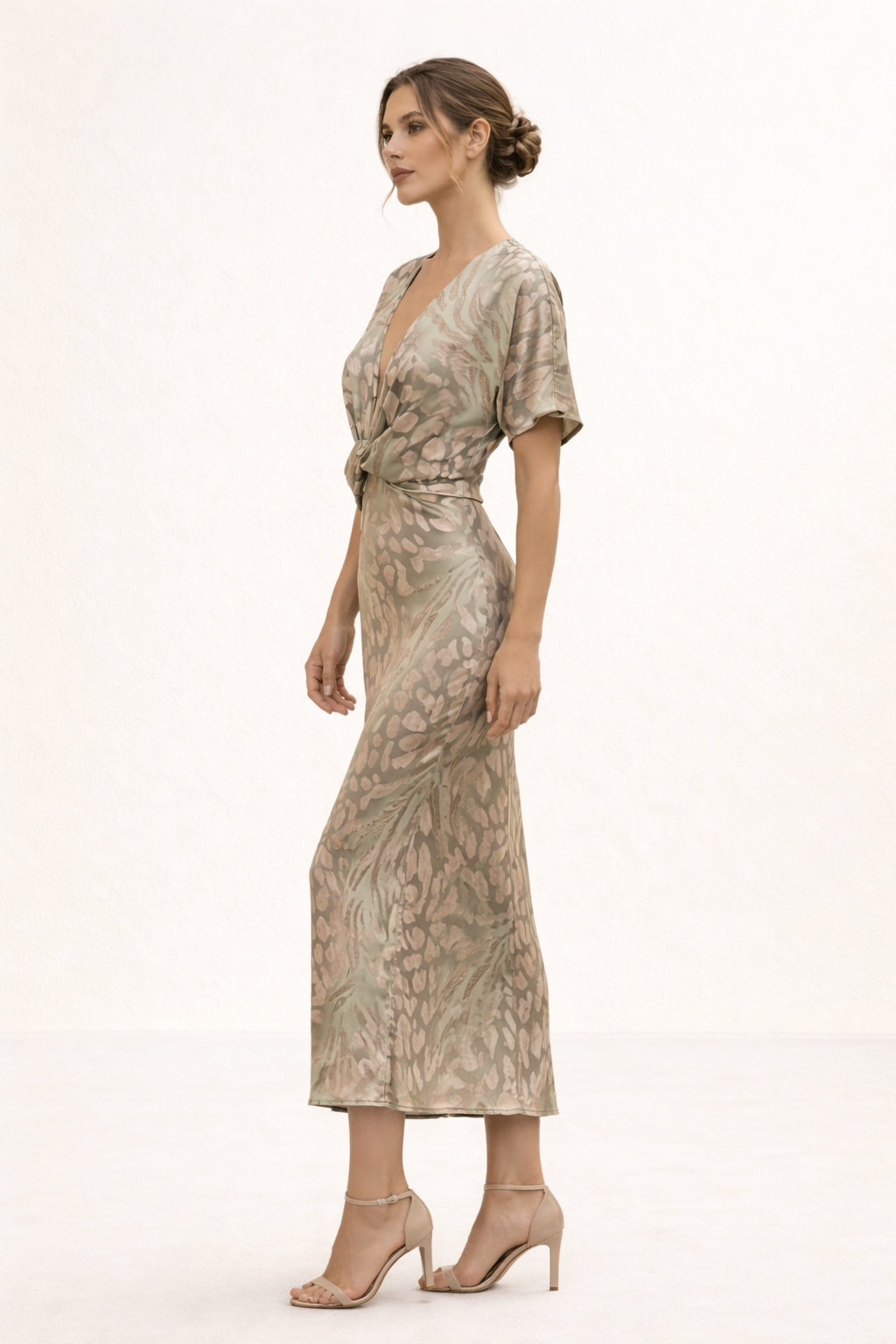 Robe midi imprimée décolleté en V nœud devant manches courtes été - Jennifer