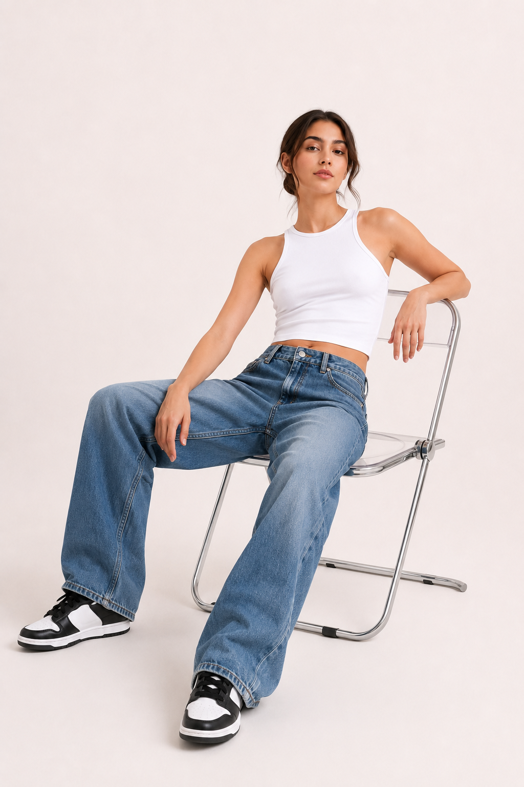 Jean baggy pour femme, à jambes larges, délavage clair et ourlet long - Helga