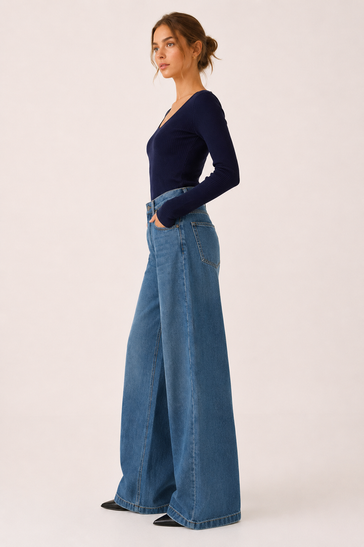 Jean baggy pour femme, taille haute, jambes larges et coupe droite - Freja