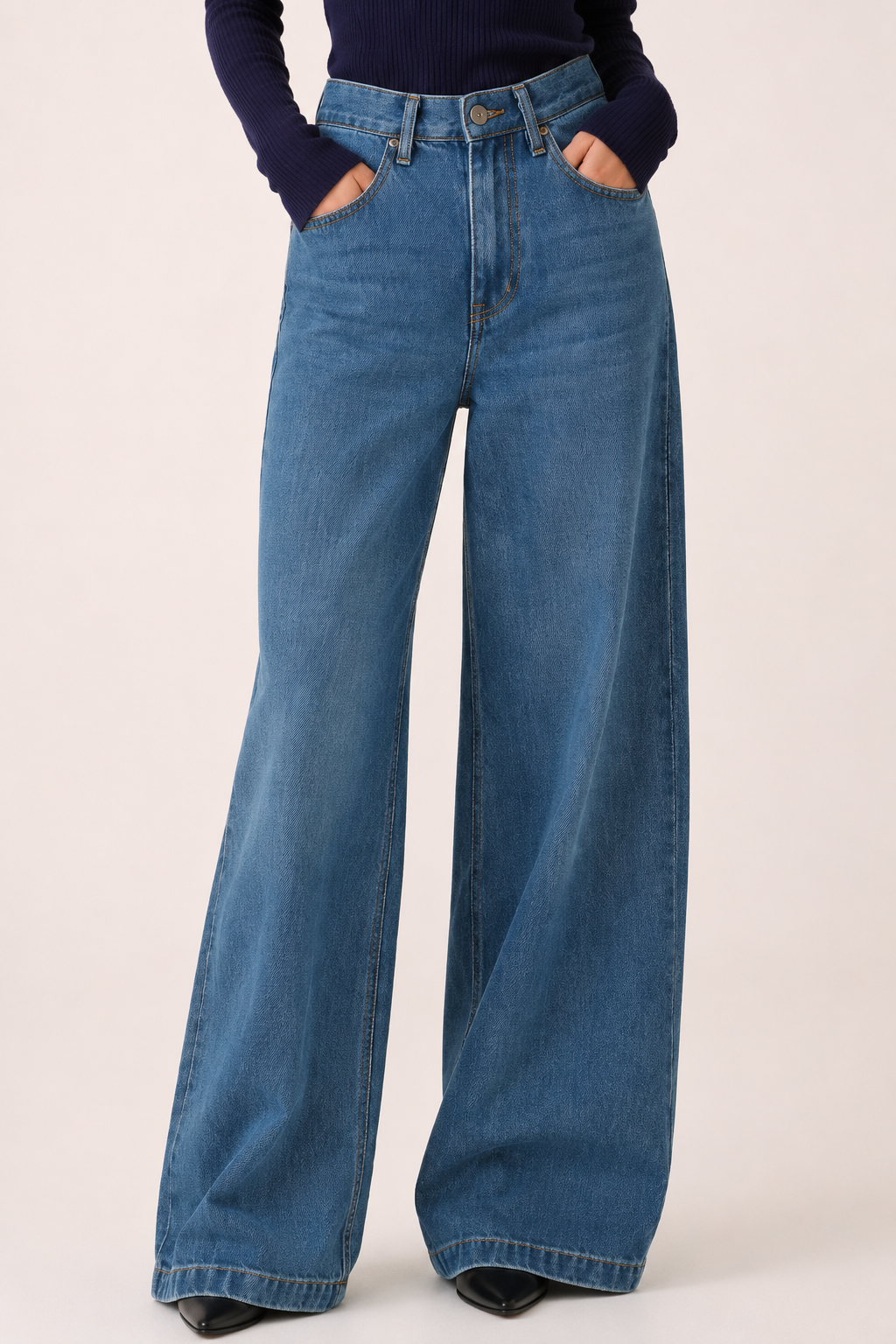 Jean baggy pour femme, taille haute, jambes larges et coupe droite - Freja