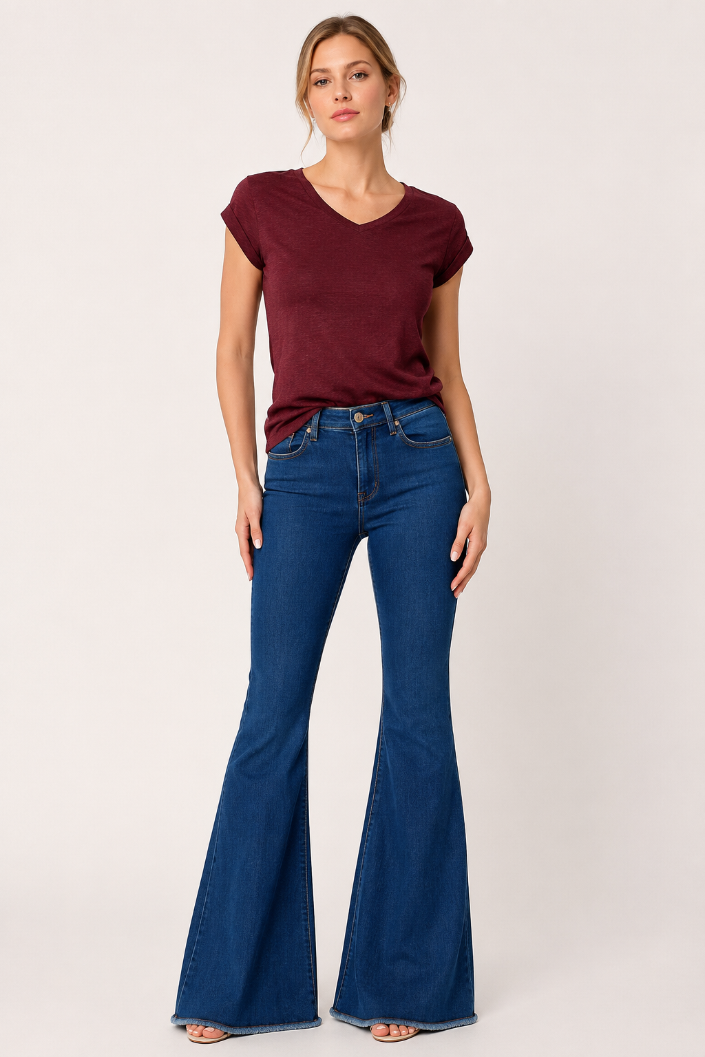 Jean évasé pour femme à taille haute avec ourlet effiloché - Anika