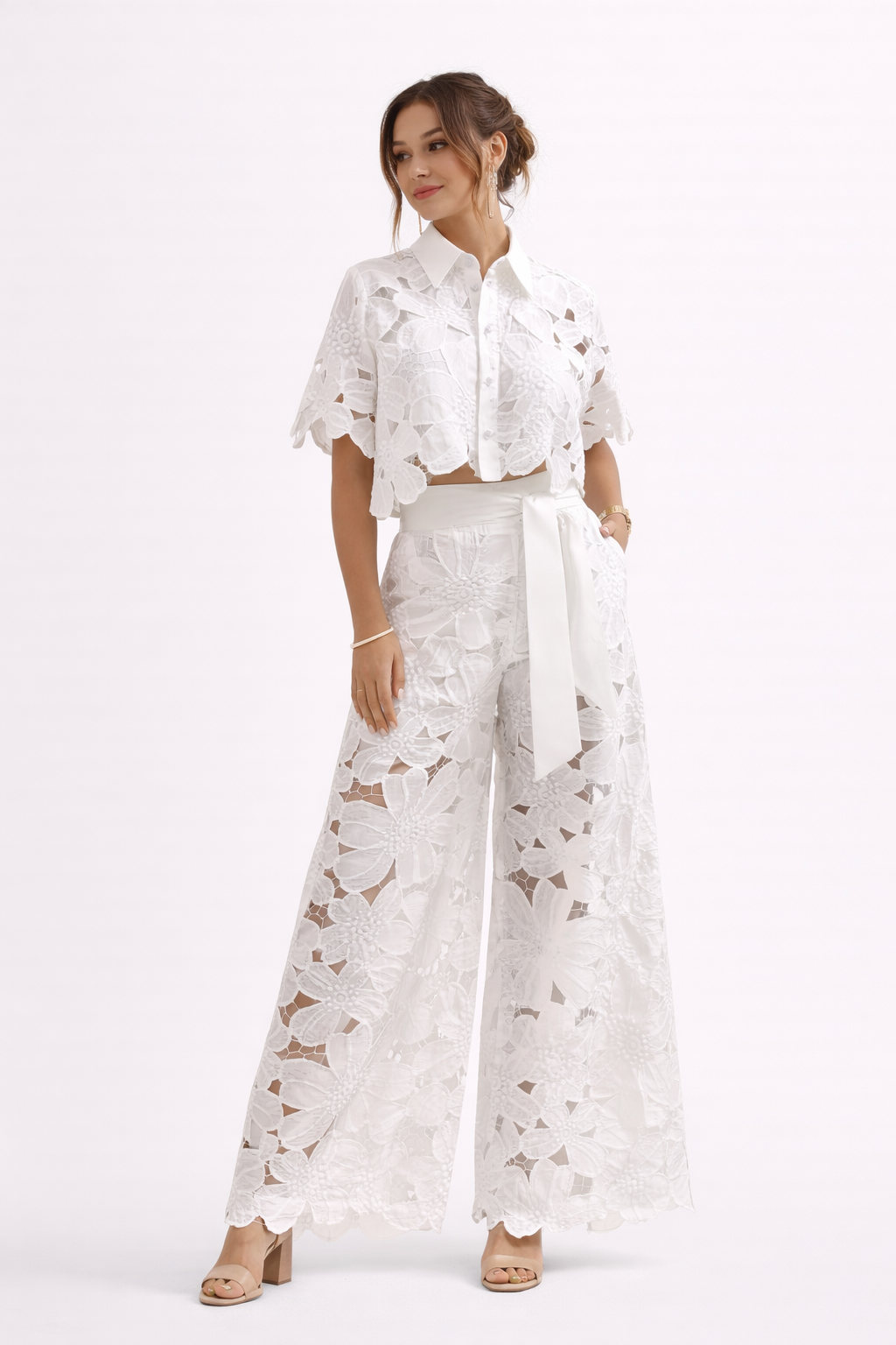 Ensemble femme dentelle florale pantalon large blouse à manches courtes - Anneliese