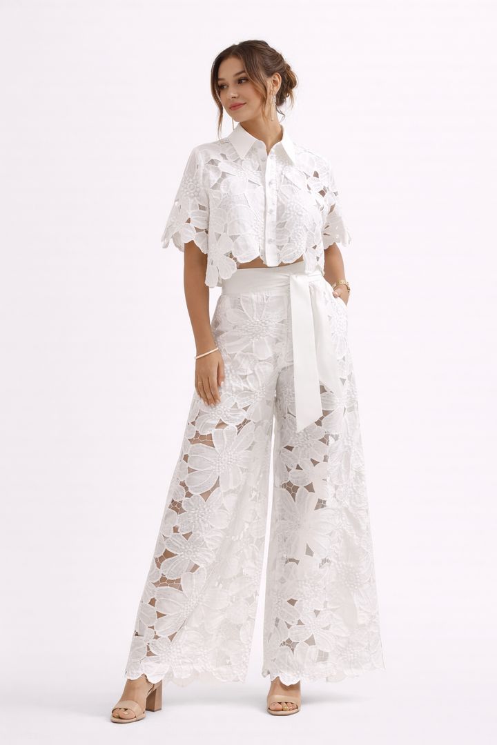 Ensemble femme dentelle florale pantalon large blouse à manches courtes - Anneliese