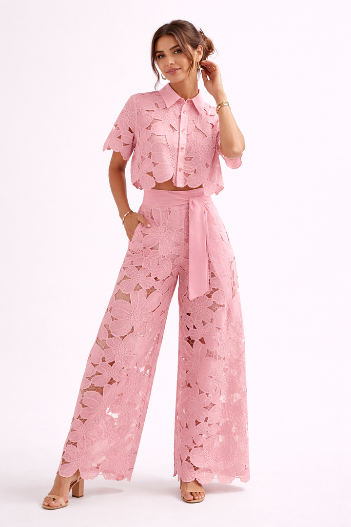Ensemble femme dentelle florale pantalon large blouse à manches courtes - Anneliese
