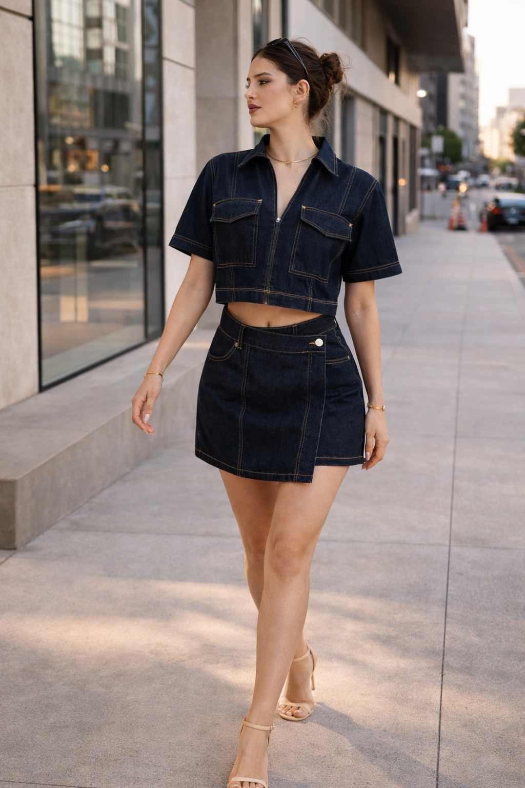 Ensemble d'été en denim pour femmes jupe courte jupe courte top denim à manches courtes - Arisha