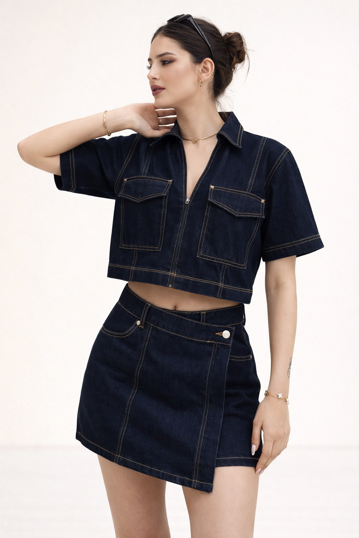 Ensemble d'été en denim pour femmes jupe courte jupe courte top denim à manches courtes - Arisha