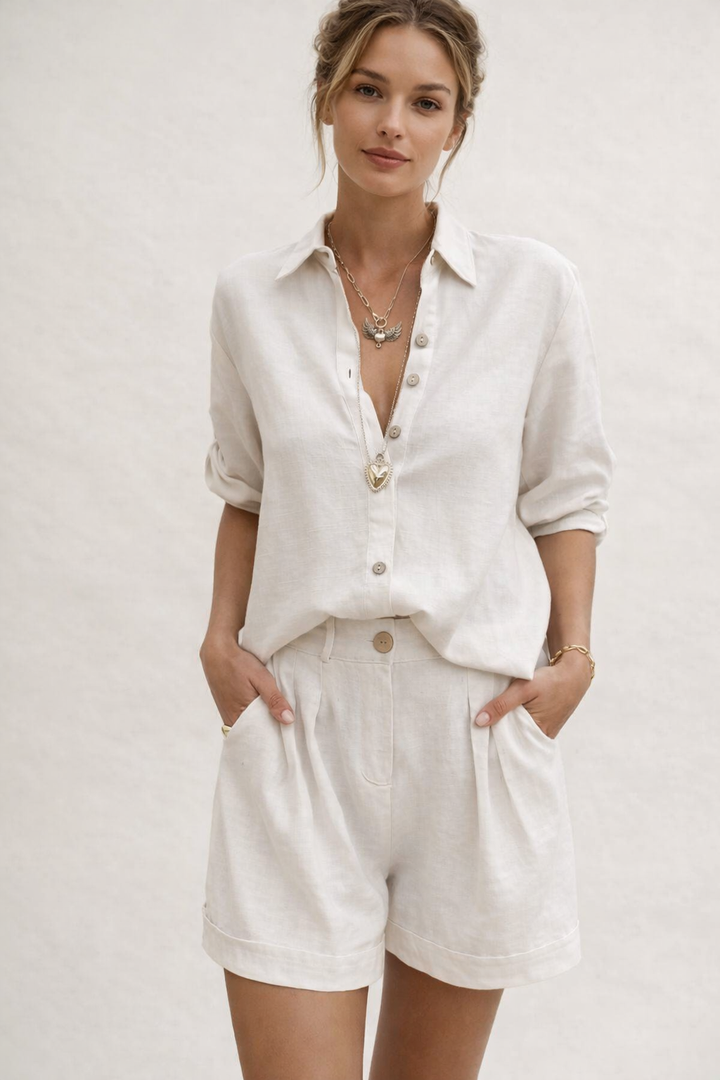 Ensemble femme lin lin short blouse manches longues été - Amaia
