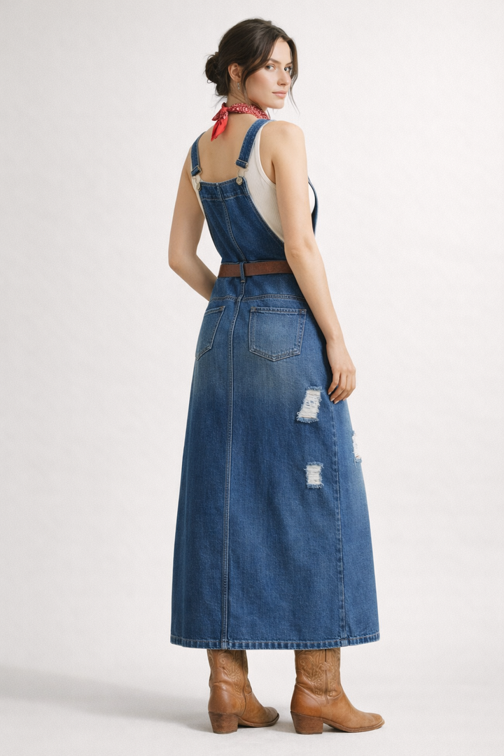 Robe salopette en denim pour femme, modèle midi décontracté - Carla