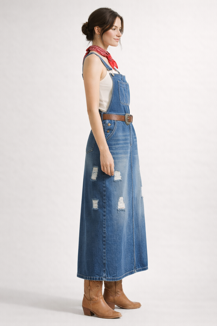 Robe salopette en denim pour femme, modèle midi décontracté - Carla