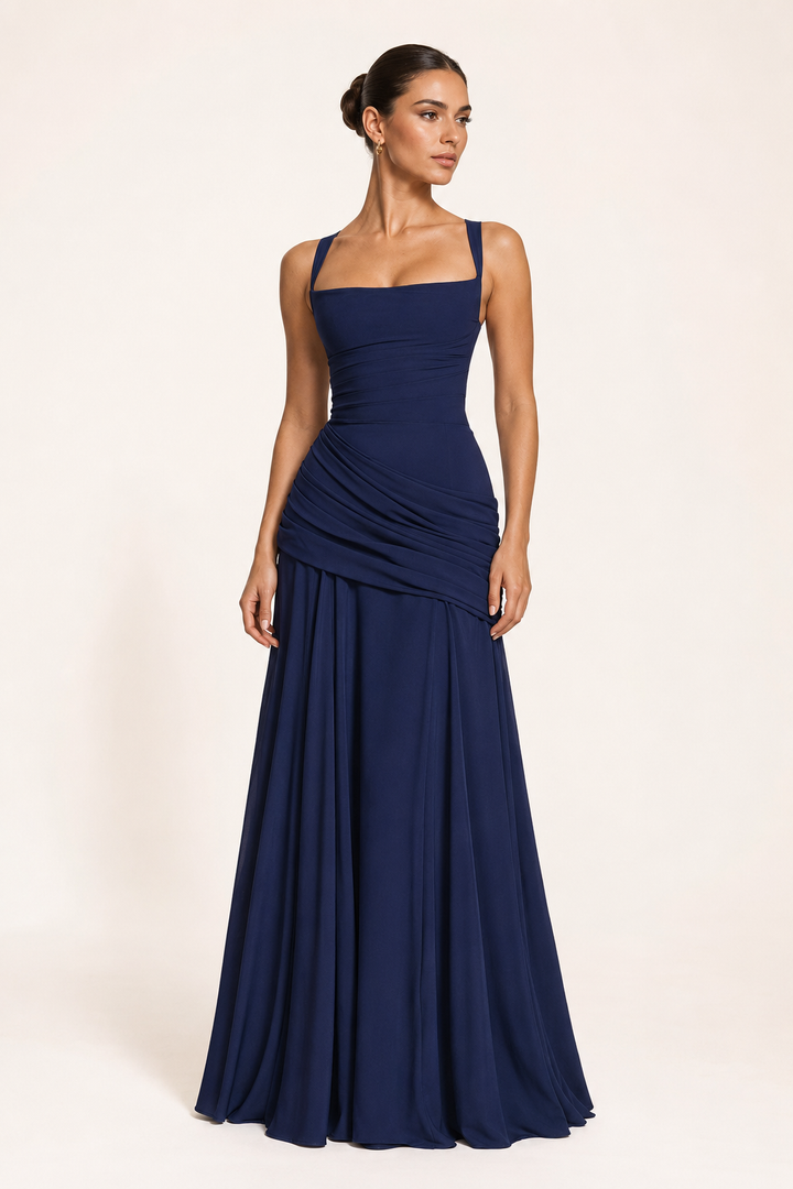 Robe longue pour invitée de mariage, avec décolleté carré et jupe drapée - Adelheid