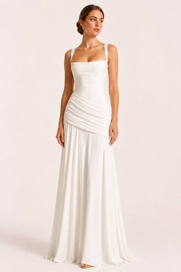 Robe longue pour invitée de mariage, avec décolleté carré et jupe drapée - Adelheid