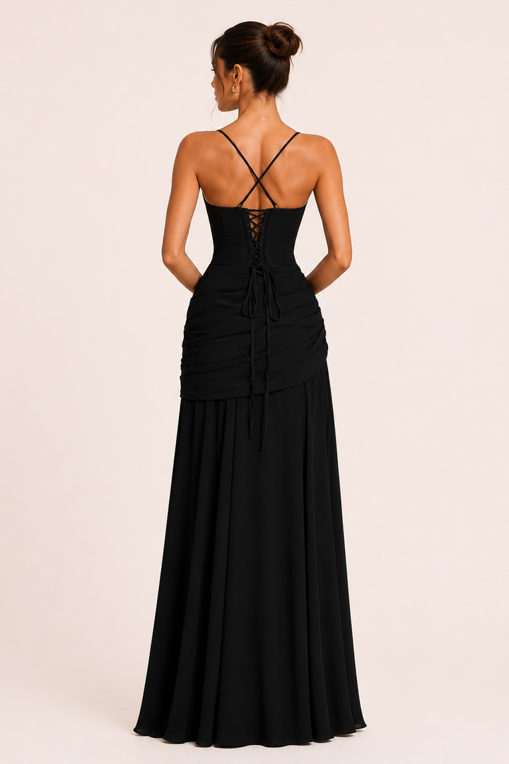 Robe longue pour invitée de mariage, avec décolleté carré et jupe drapée - Adelheid