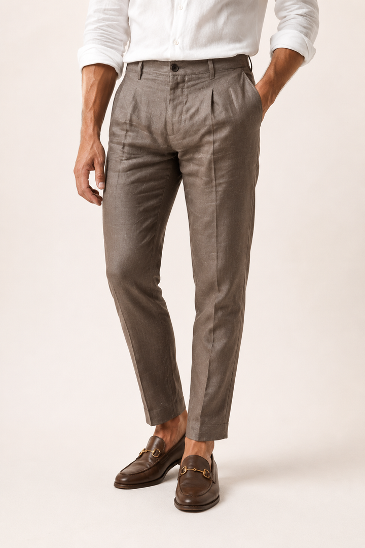 Pantalon en lin pour homme à pinces, coupe droite et longueur cheville - Wolfram