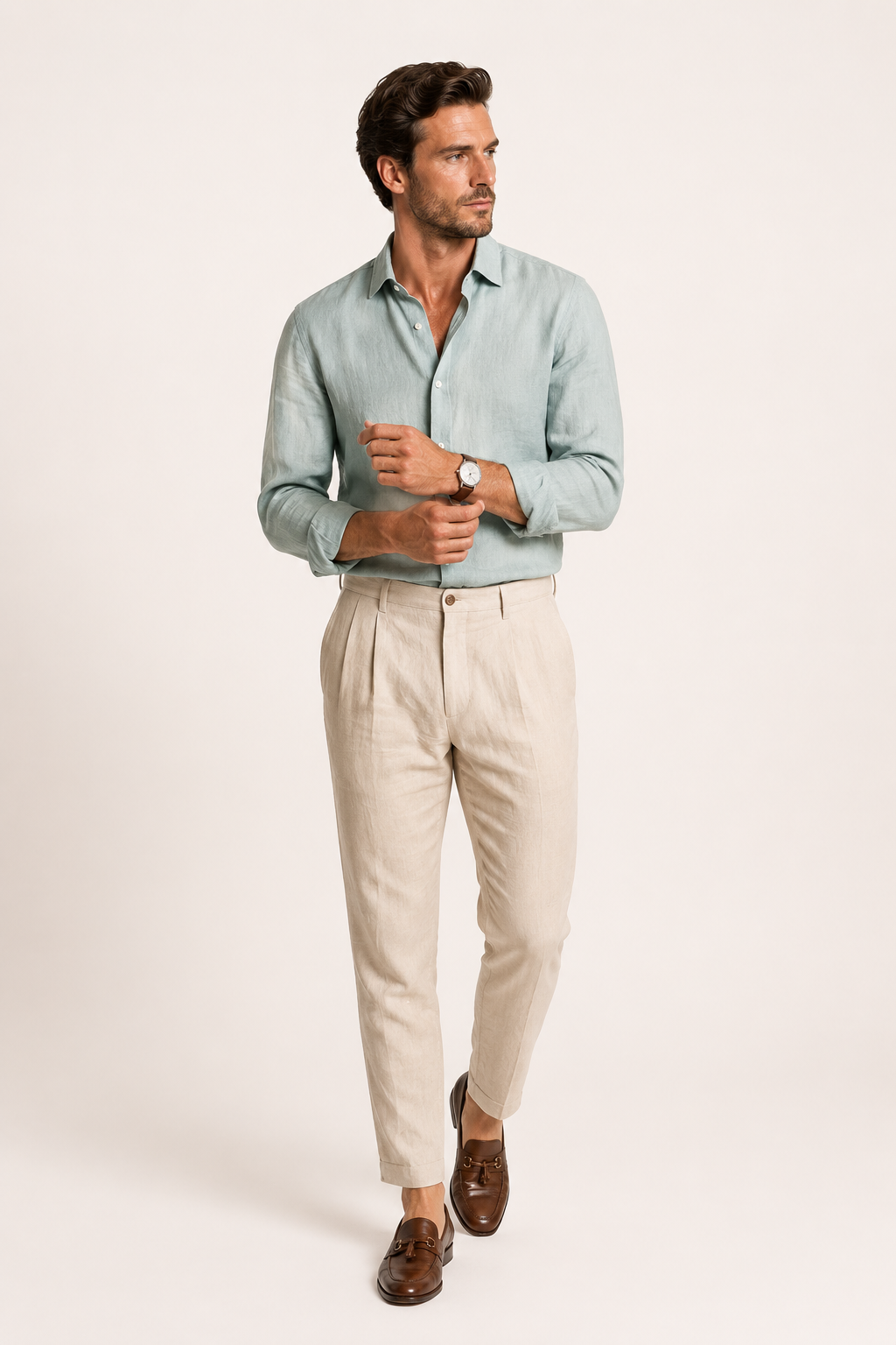 Pantalon en lin pour homme à pinces, coupe droite et longueur cheville - Wolfram