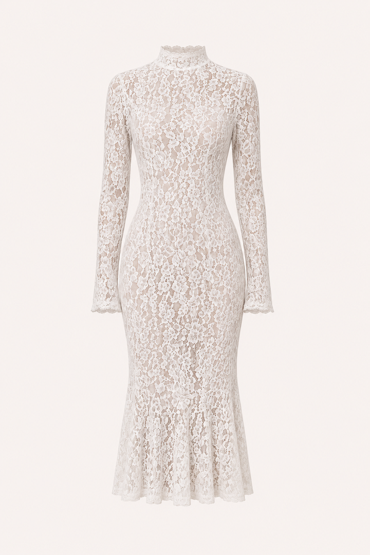 Robe midi élégante en dentelle pour femme, col montant - Samara