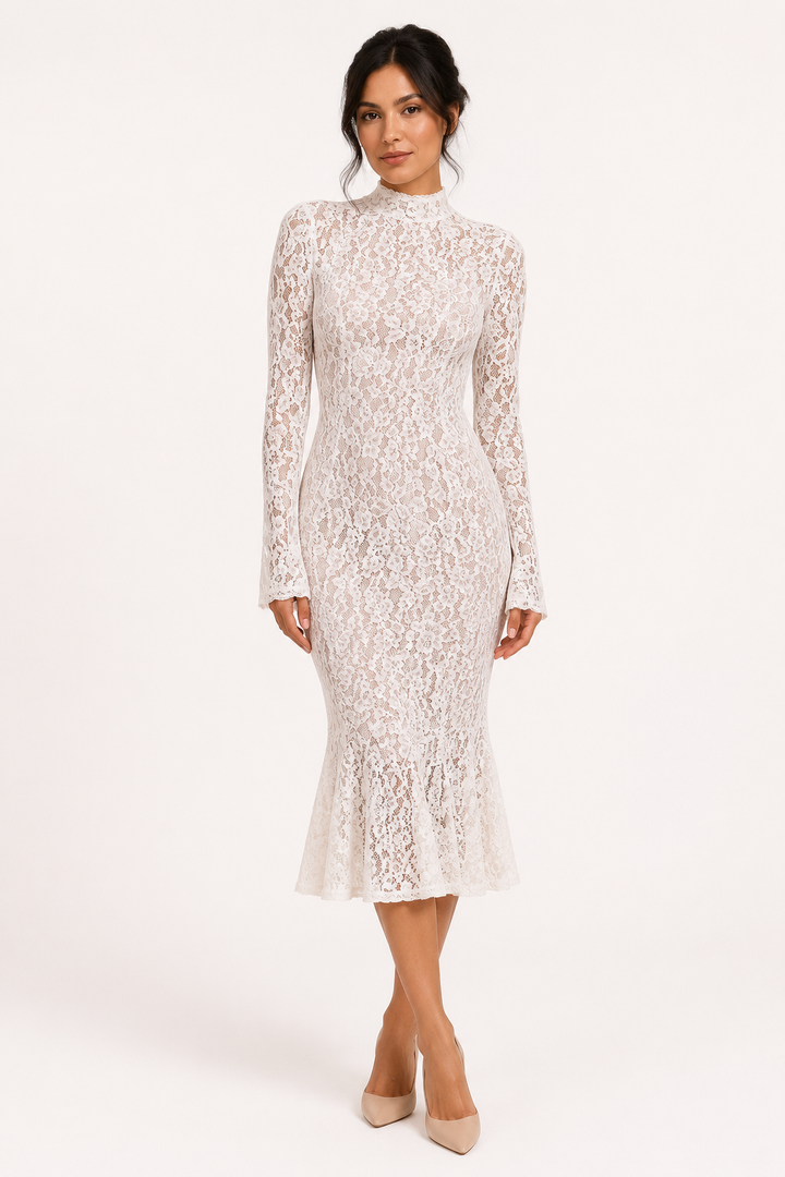 Robe midi élégante en dentelle pour femme, col montant - Samara