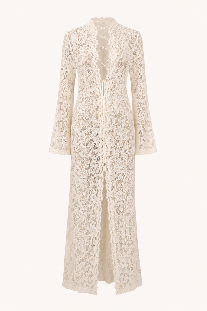 Robe longue en dentelle pour femme, décolleté croisé - Anneliese