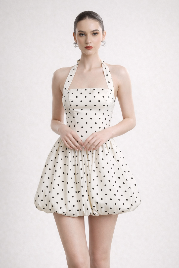 Robe courte pour femme avec encolure licou et jupe ballon - Doris
