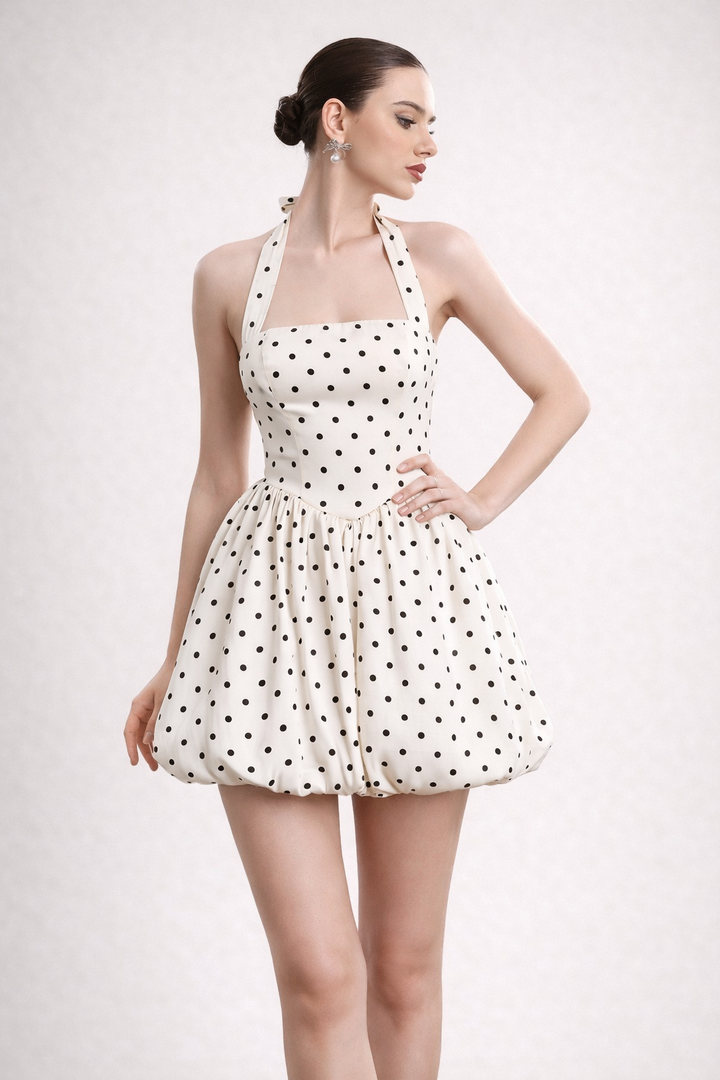 Robe courte pour femme avec encolure licou et jupe ballon - Doris