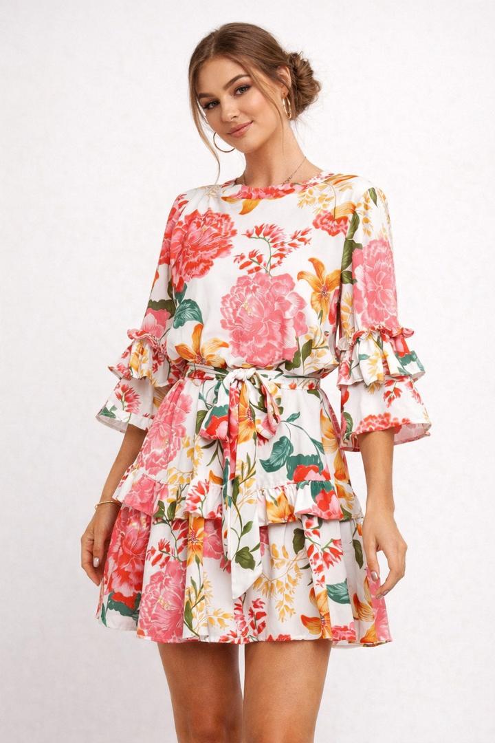 Robe fleurie à volants et nœud pour femme - Camila