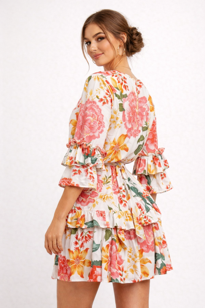 Robe fleurie à volants et nœud pour femme - Camila