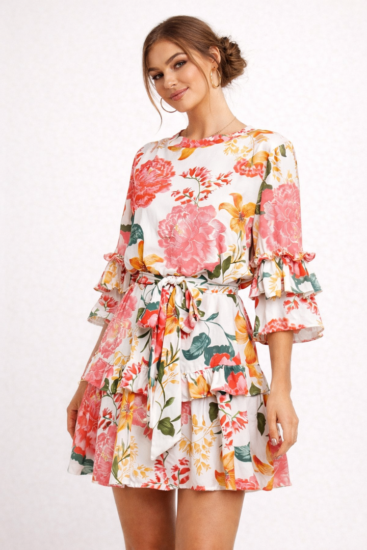 Robe fleurie à volants et nœud pour femme - Camila