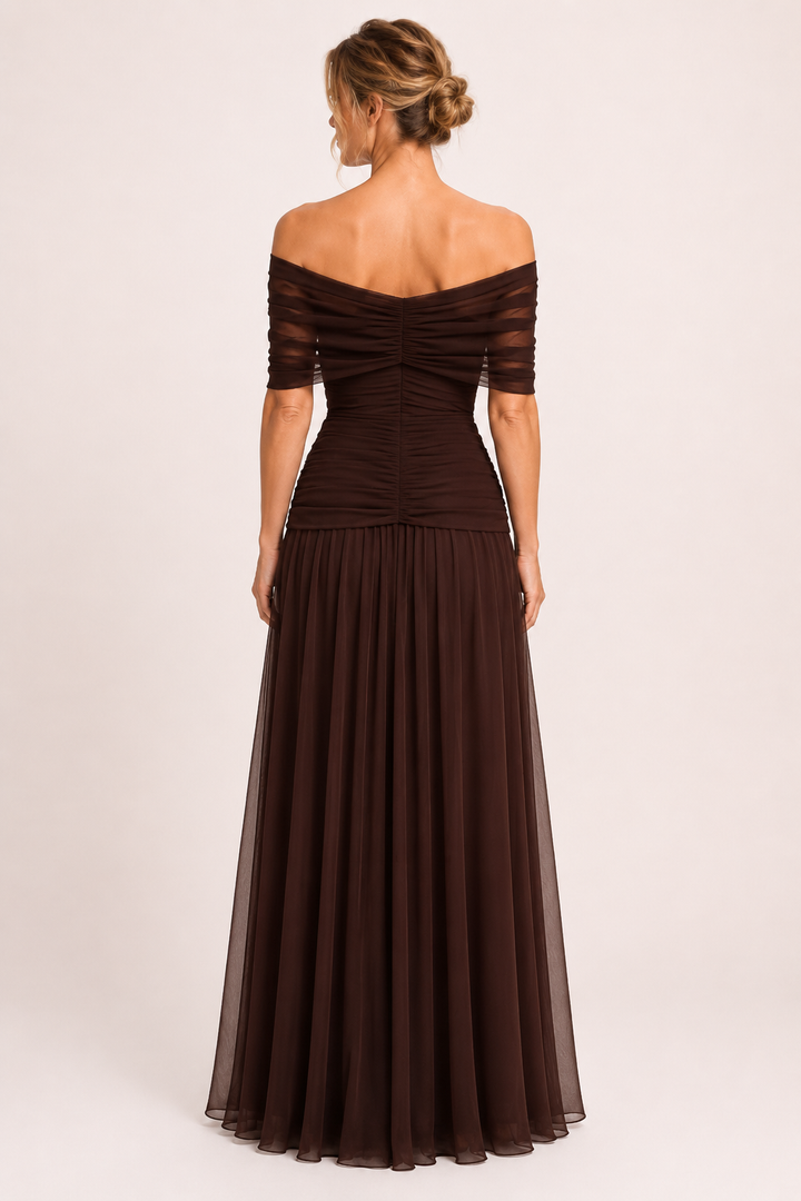 Robe longue froncée pour femme, avec décolleté en V et épaules dénudées - Marita