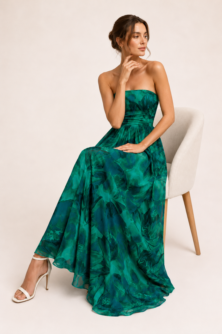 Robe vintage pour femme sans bretelles, à imprimé floral et jupe évasée - Elfriede