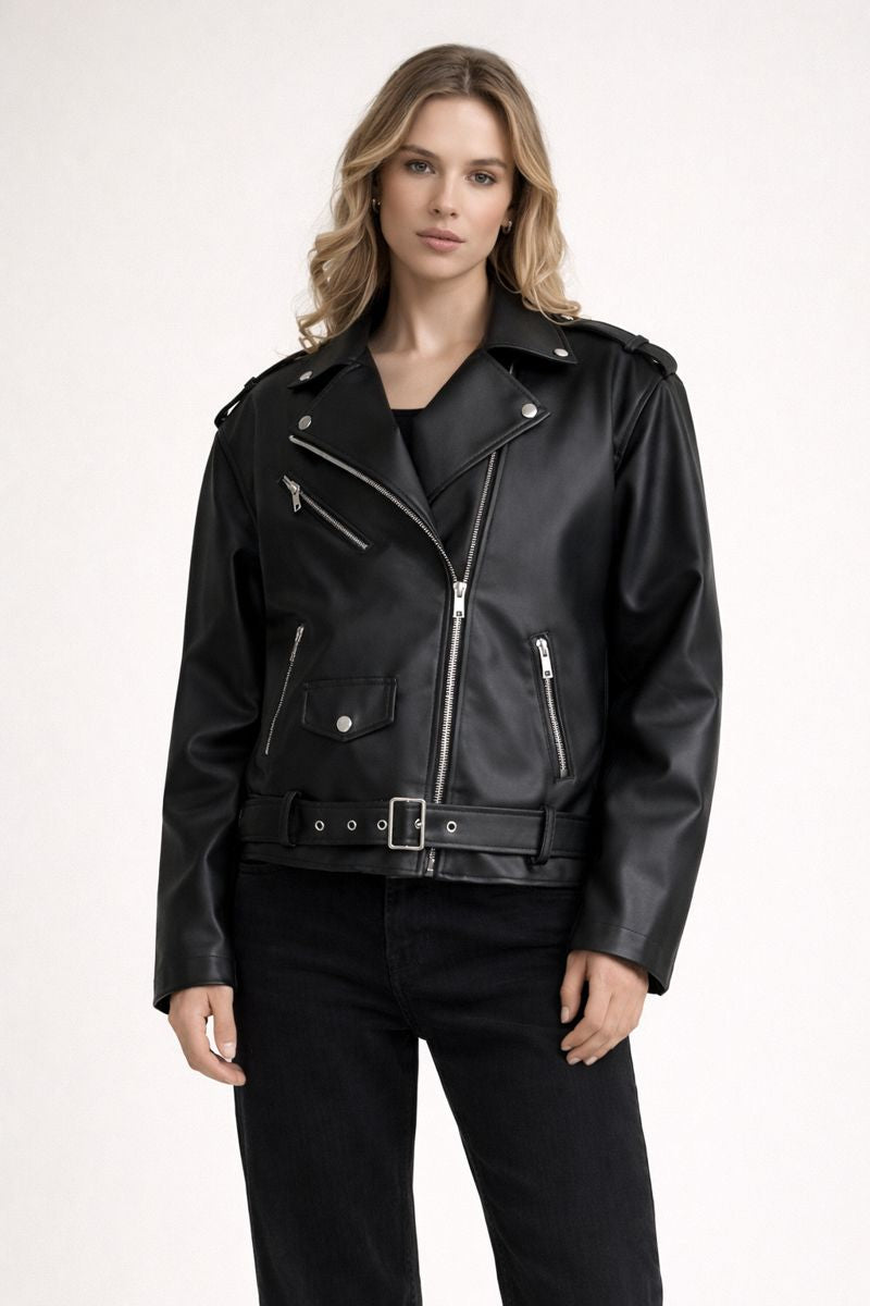 Veste de motard à effet de cuir pour femme avec ceinture - Ylena