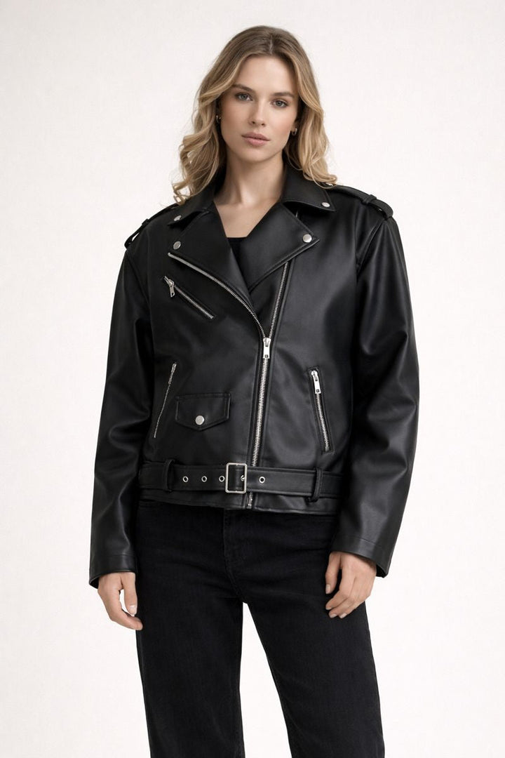Veste de motard à effet de cuir pour femme avec ceinture - Ylena