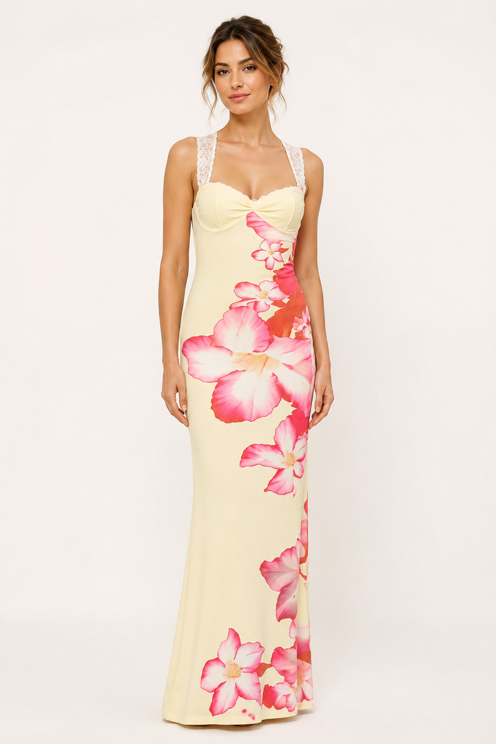 Robe longue à fleurs pour femme, épaules dénudées - Hanny