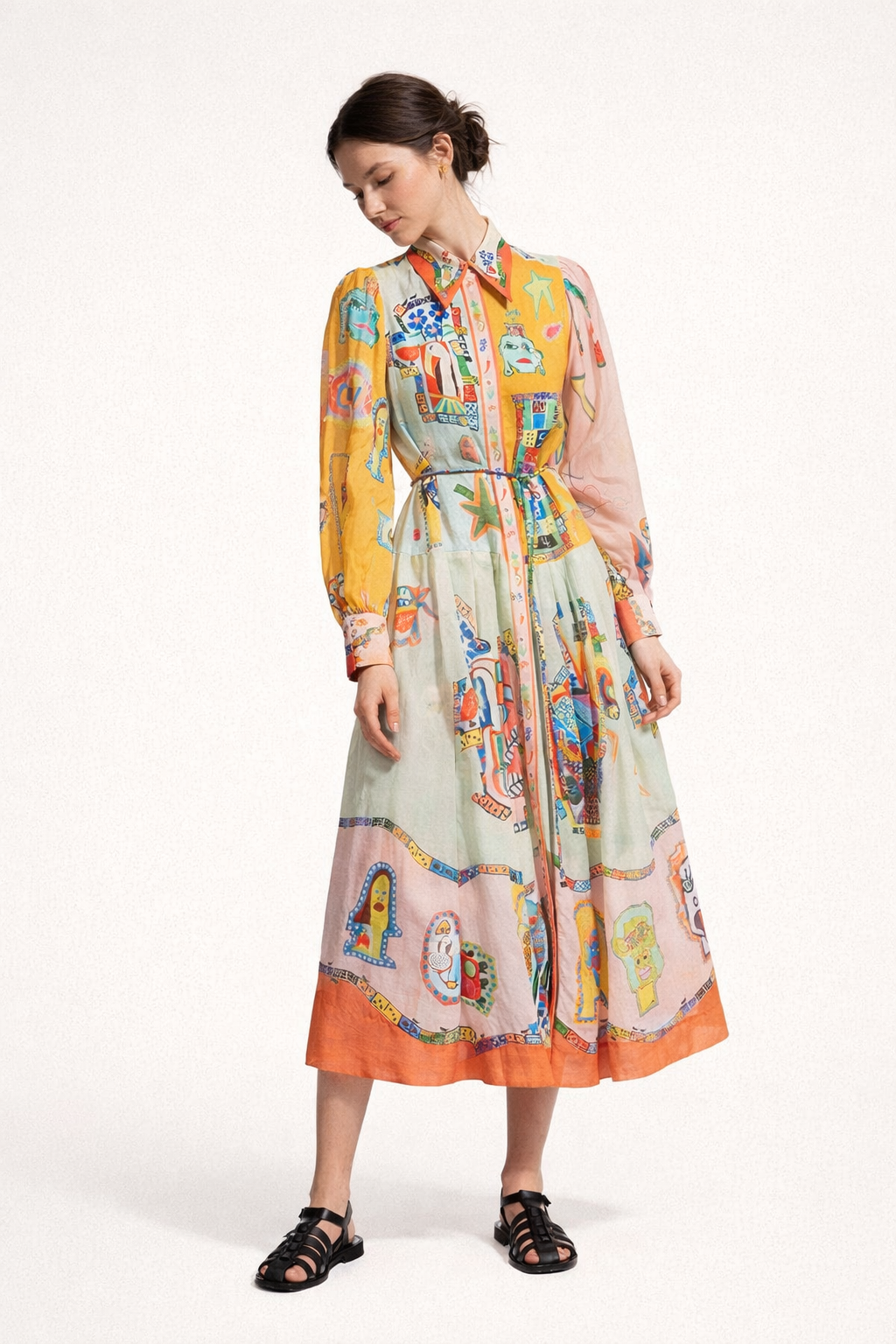 Robe chemise midi imprimée à manches larges pour femme - Daniela