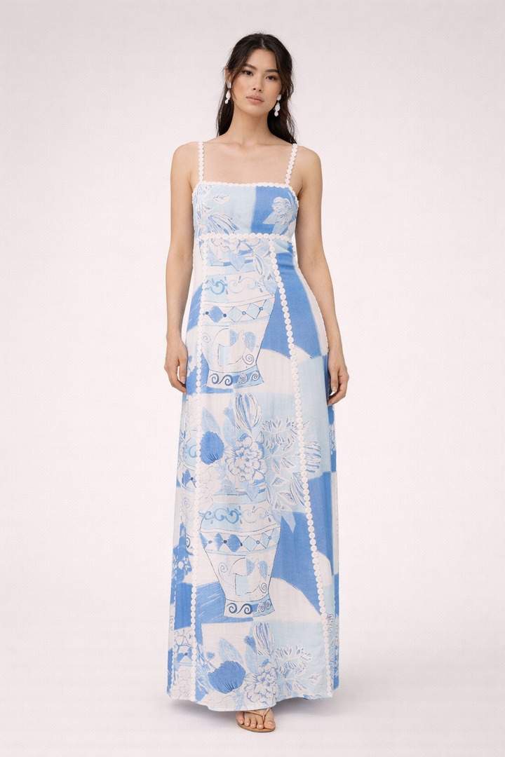 Robe longue imprimée en dentelle avec bretelles pour femmes - Isabella