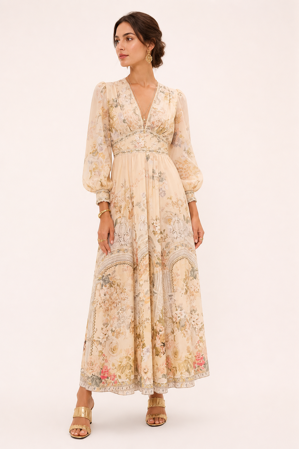 Robe midi pour femme Décolleté en V Taille haute Manches bouffantes - Connie
