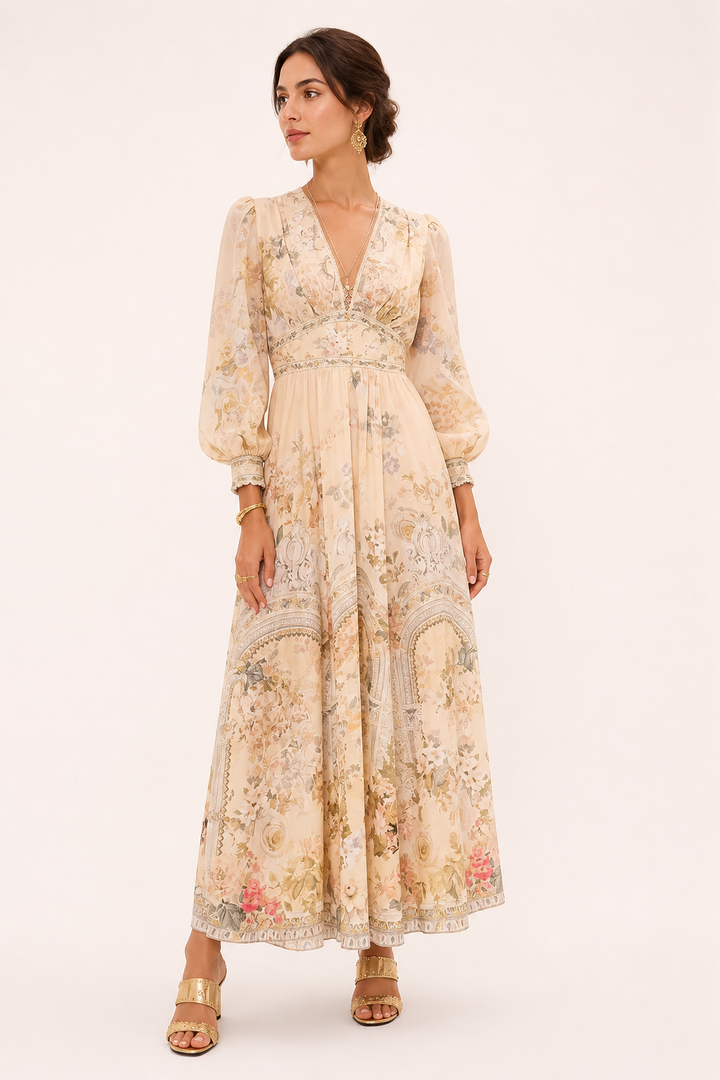 Robe midi pour femme Décolleté en V Taille haute Manches bouffantes - Connie