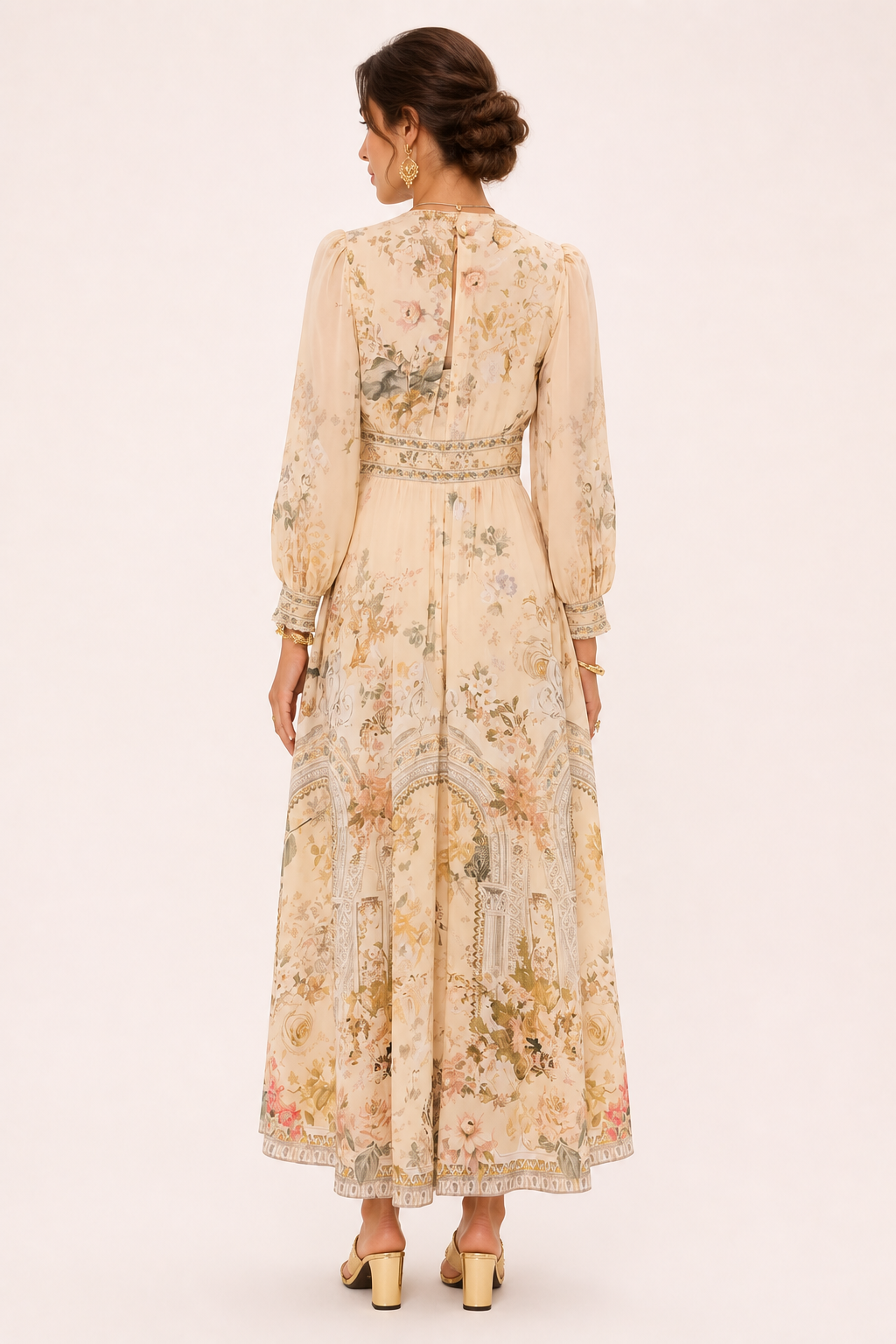 Robe midi pour femme Décolleté en V Taille haute Manches bouffantes - Connie
