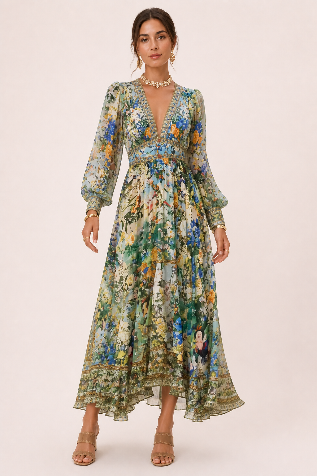 Robe midi pour femme Décolleté en V Taille haute Manches bouffantes - Connie