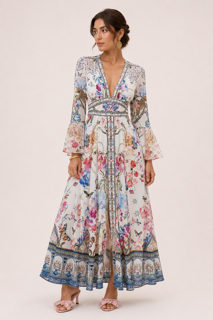Robe midi pour femme Décolleté en V Taille haute Manches bouffantes - Connie