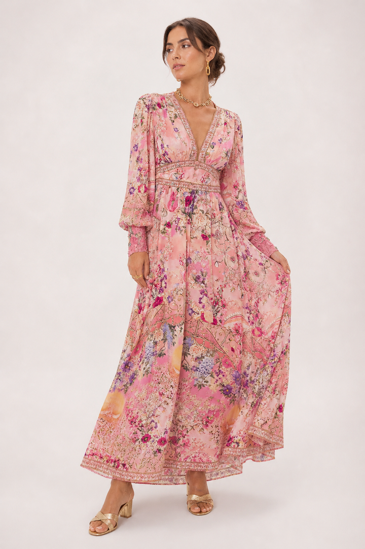 Robe midi pour femme Décolleté en V Taille haute Manches bouffantes - Connie