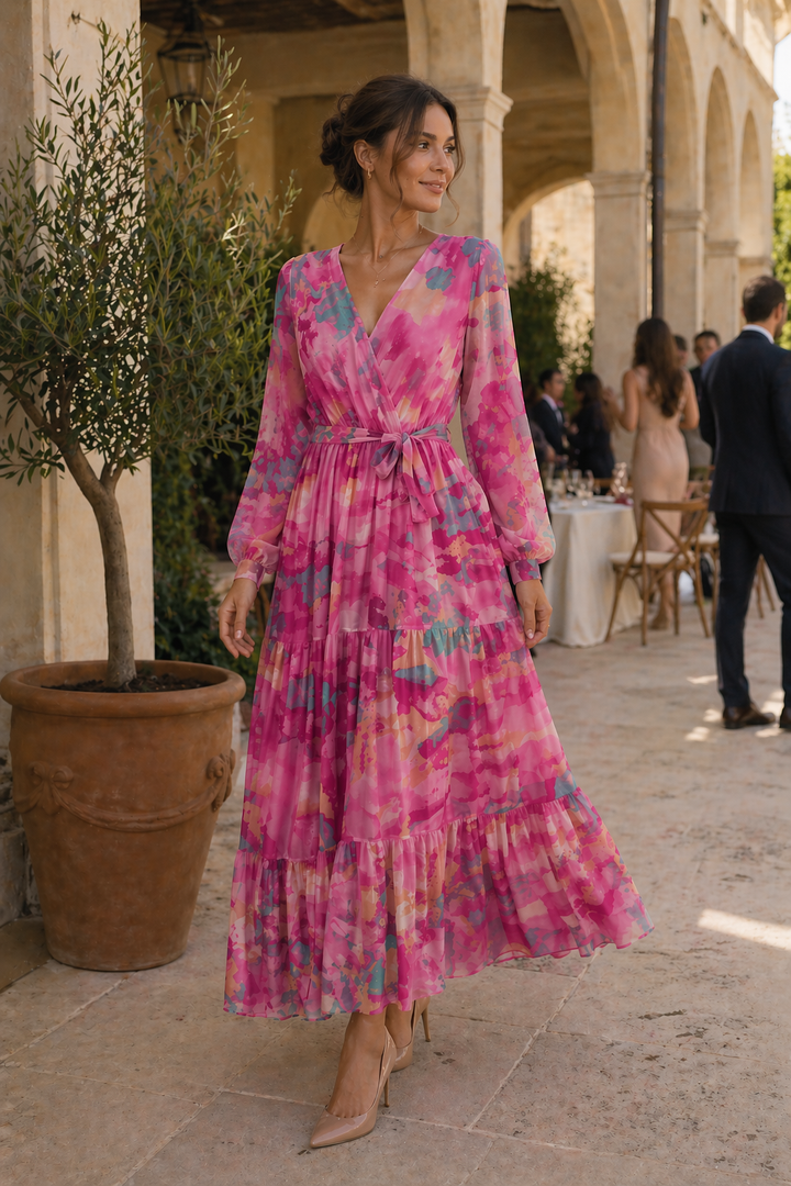 Robe midi florale à manches longues printemps femme - Paola