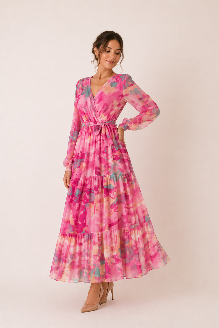 Robe midi florale à manches longues printemps femme - Paola