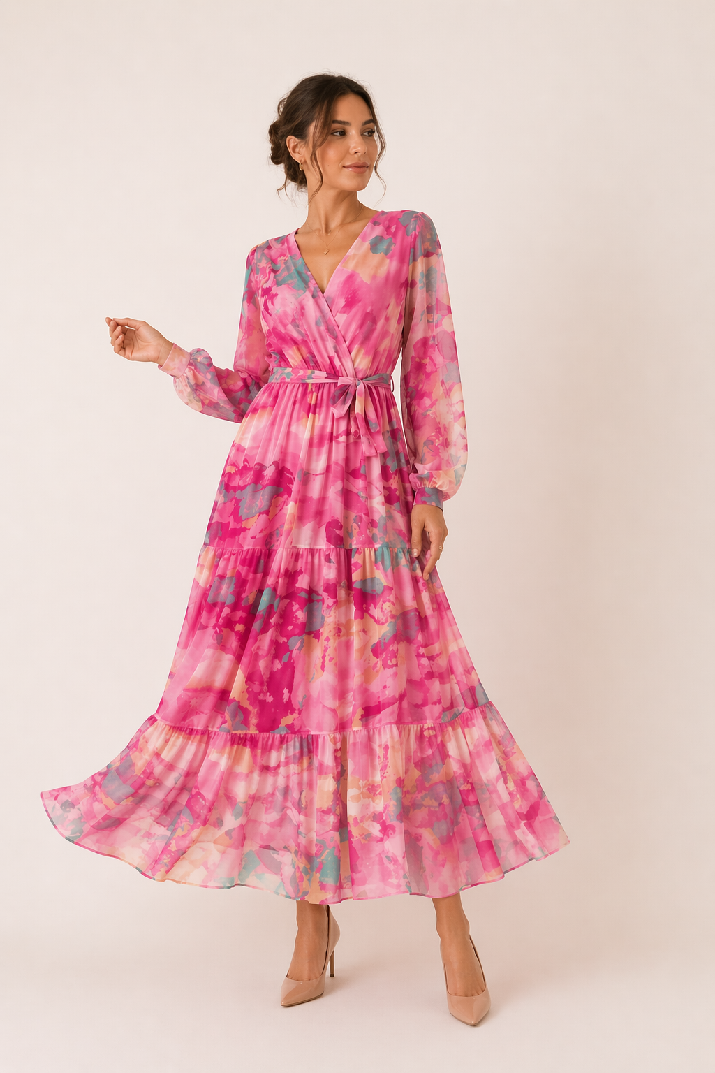 Robe midi florale à manches longues printemps femme - Paola
